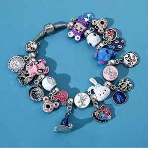925 Sterling Silver Plated Various Disney Character Loaded Themed Charm Bracelet
